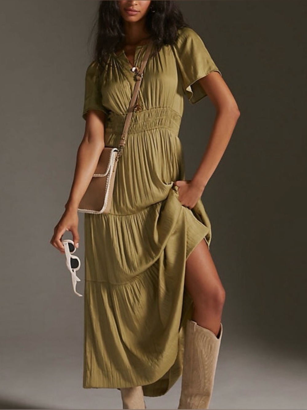 Anthropologie Somerset Light Olive Green Tiered V‑Neck Maxi Dress